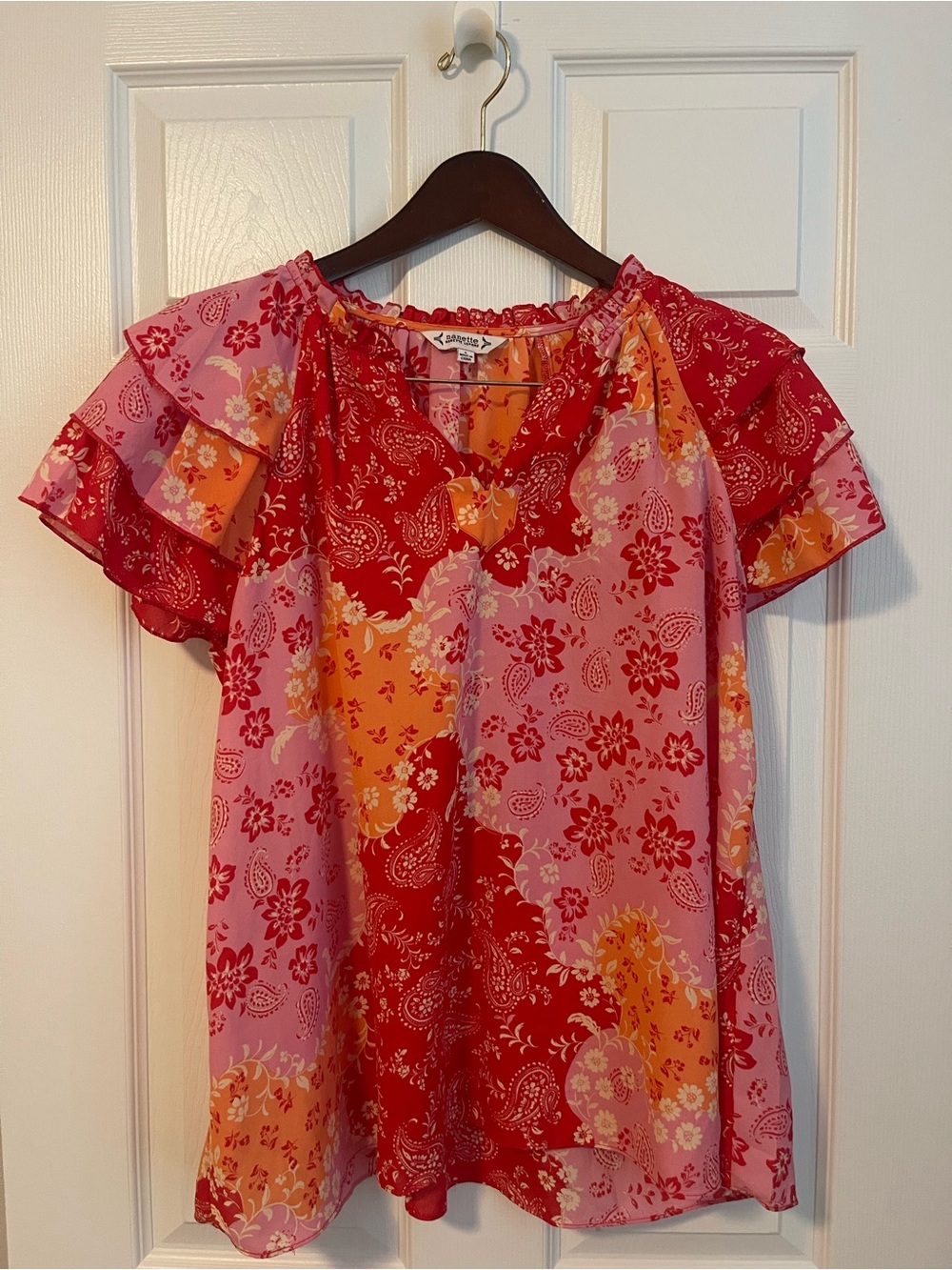 Nanette Lepore Floral Patchwork Ruffle Sleeve Blouse in Red, Pink and Orange